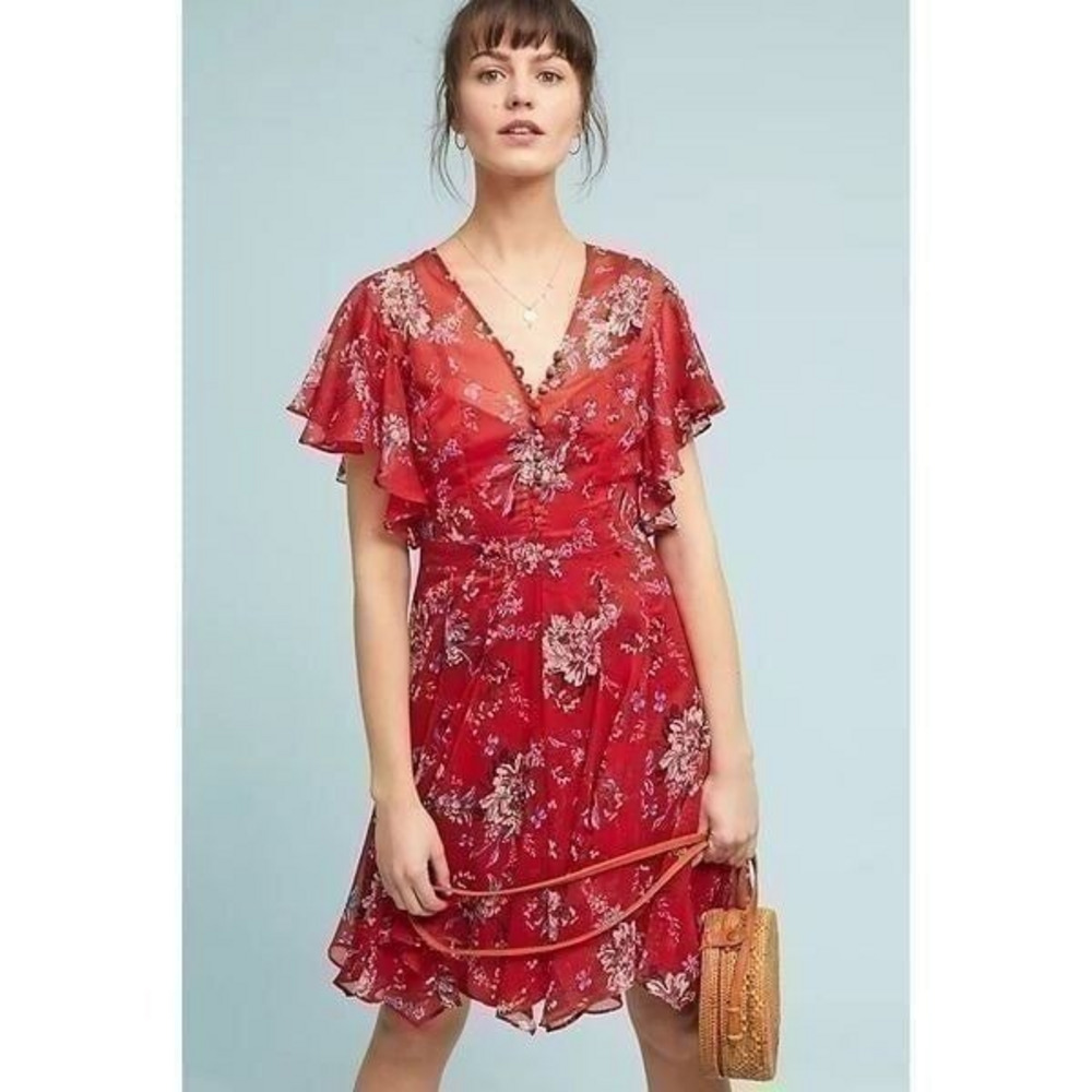 Anthropologie Ranna Gill Keira Red Floral Dress Size XS‎